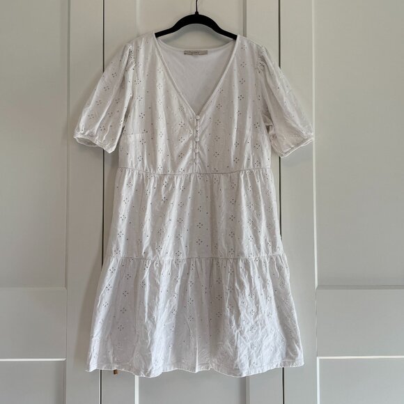LOFT White Eyelet Tiered Dress • Short Sleeve V-Neck • Size Large - Picture 2 of 4